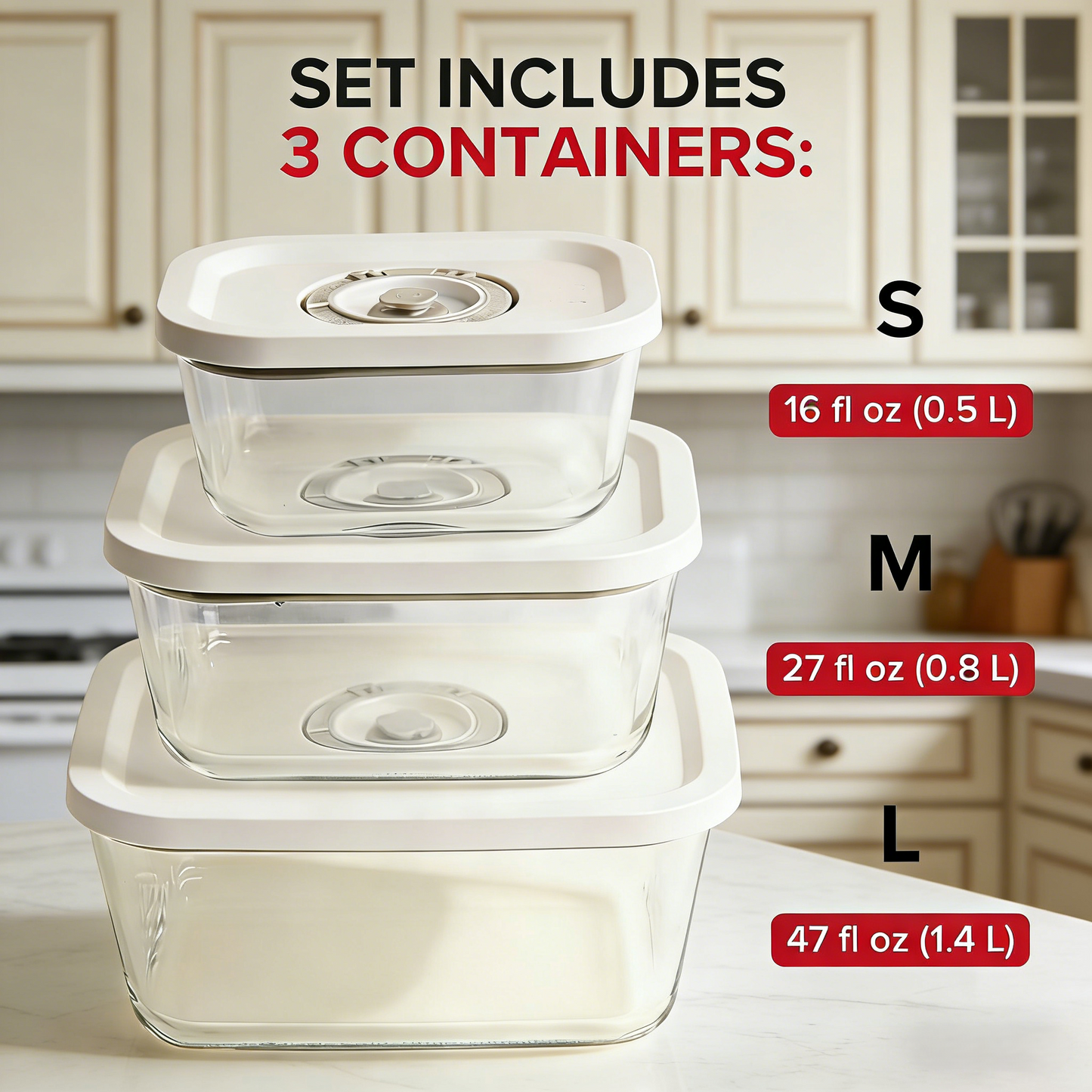 3-Pack Vacuum Glass Food Storage Containers Set